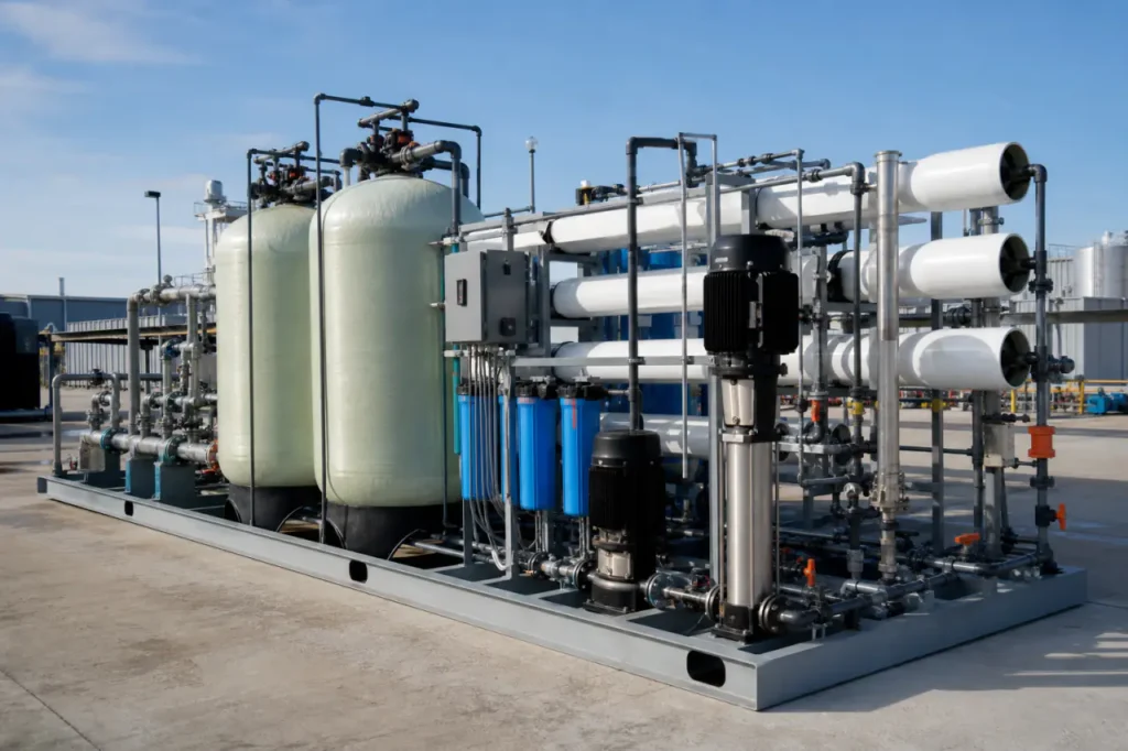 Sistem pengolahan air industri skid mounted yang dipasang di luar ruangan dengan sambungan pipa