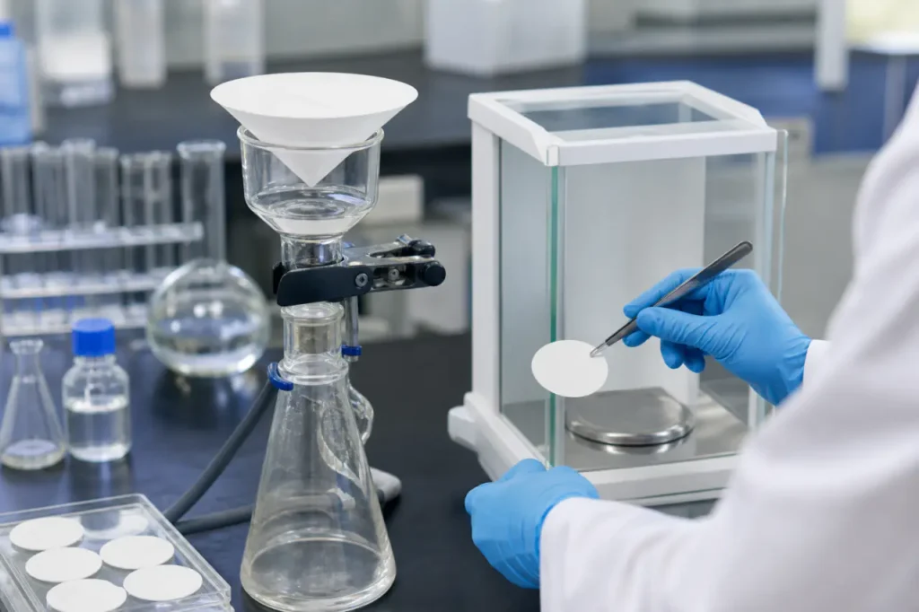 Tampilan dekat pengaturan filtrasi laboratorium dengan filter serat kaca untuk mengukur total padatan tersuspensi dalam air