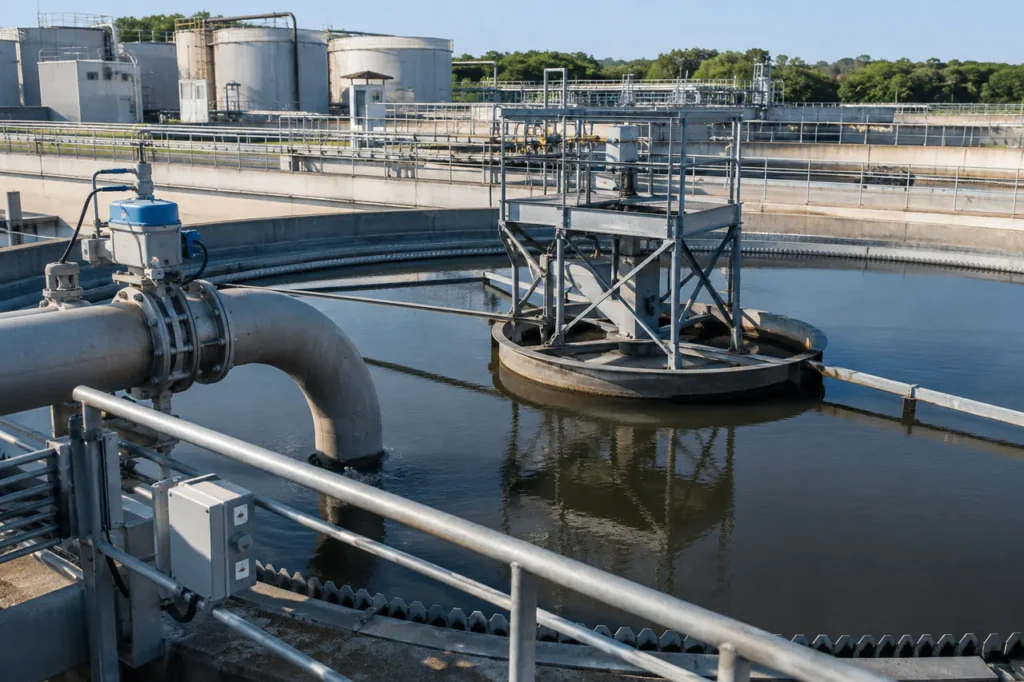 peralatan pengolahan limbah industri dengan clarifier, tanki, pipa, dan detail inspeksi