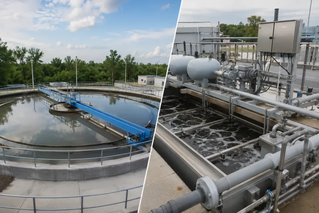peralatan pengolahan clarifier vs DAF dengan tangki, pipa, dan detail inspeksi