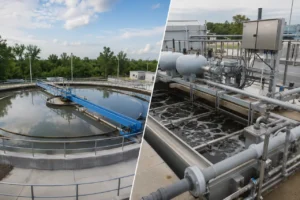 peralatan pengolahan clarifier vs DAF dengan tangki, pipa, dan detail inspeksi