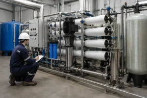 peralatan pengolahan sistem RO komersial dengan pipa tangki dan detail inspeksi