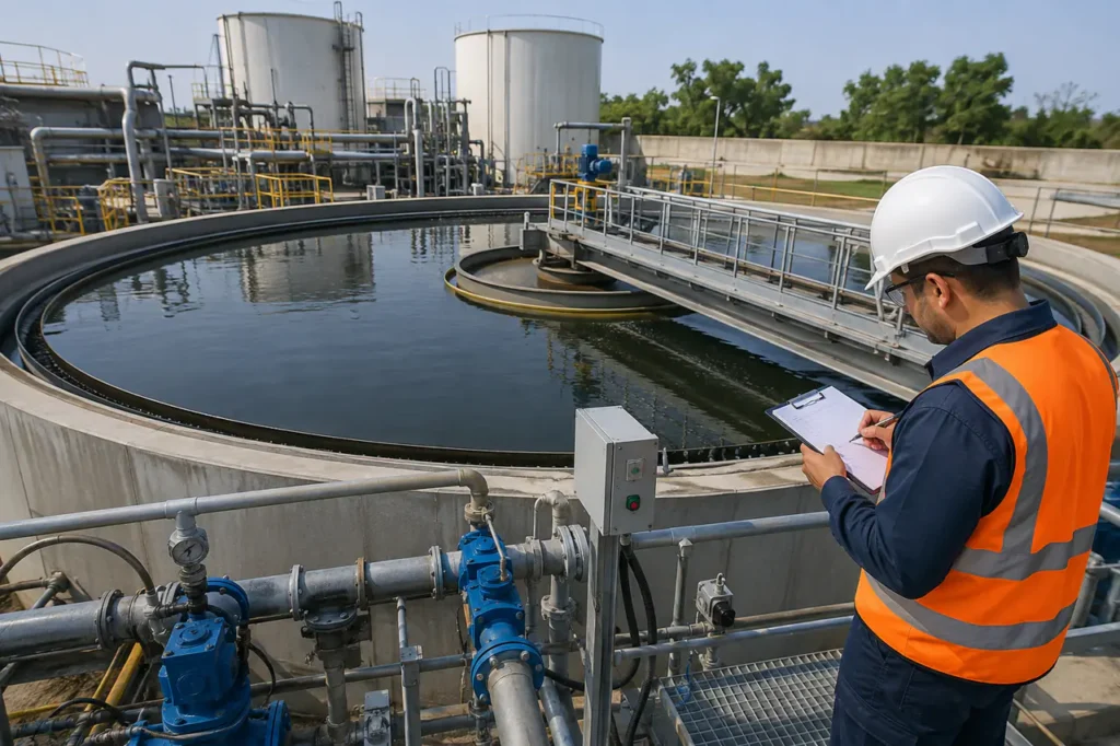 peralatan pengolahan clarifier tingkat tinggi dengan tanki, pipa, dan detail inspeksi