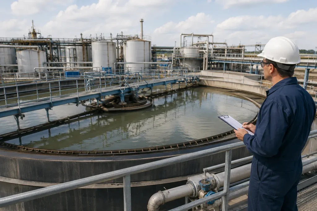 peralatan pengolahan sistem clarifier industri lengkap dengan tangki, pipa, dan detail inspeksi