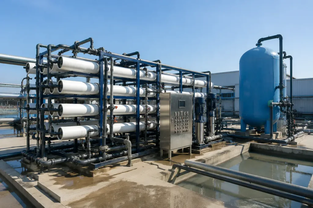 Sistem pengolahan reject water RO industri yang dipasang di pabrik manufaktur